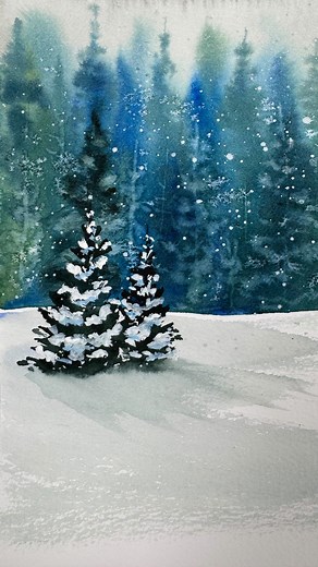 Emma Jane Lefebvre on Instagram: "Probably one of my favourite winter landscapes I’ve ever done! Some really fun techniques used in this one that I’m so excited to share! Let me know in the comments if you want a slower, more in-depth tutorial on YouTube! Give it a try and happy painting! Paper: fabriano 100% cotton watercolour paper Brushes: emma lefebvre x craftamo (www.craftamo.com) Paint: shinhan pwc watercolour and Dr.Ph Martins bleed proof white #watercolor #watercolour #beginnerwatercolor