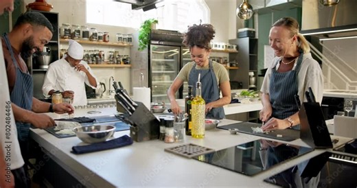 Chef, cooking class and cutting in kitchen for learn, teacher and food for professional skills. Restaurant, friends or culinary student with onion, vegetables and prepare with recipe cuisine teaching Stock Video