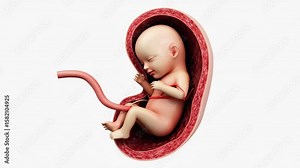 3D Animation of Baby Embryo in Uterus with Umbilical Cord on White Background