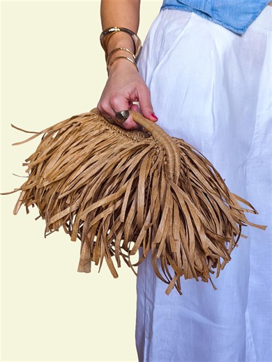 Raffia Fringe Clutch, Boho Top Handle Purse, Handmade Woven Handbag, Personalized Color Summer Bag, Statement Wedding Accessory - Etsy