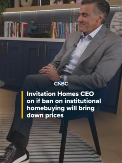 Invitation Homes CEO Dallas Tanner, the nation's largest single-family rental landlord, told CNBC's Diana Olick that he believes the recently passed housing bill that bans investors like him from buying existing homes will eventually lower home prices, but not in the short-term. Find more from the interview at the #linkinbio or the link on screen. #CNBC