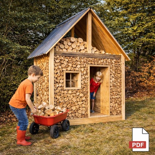 DIY Spielhaus aus Holz – Bauanleitung Holzhütte für Kinder – Nachhaltiges Gartenhaus aus Scheitholz – PDF - Etsy.de