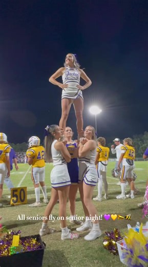 💜🌟✨All Seniors Fly on Senior Night✨🌟💜 💛🌟Our 3 AMAZING SENIORS - Kaydence, Victoria & Aubrey we love yall bigggggg!!!! 🌟💛 #seniornight #senioryear #cheerleaders #fnlathome #LastFNLatJacketField #Sabinal #Senior2026 #jacketcheerleaders #JacketPride | Varsity High School Cheer