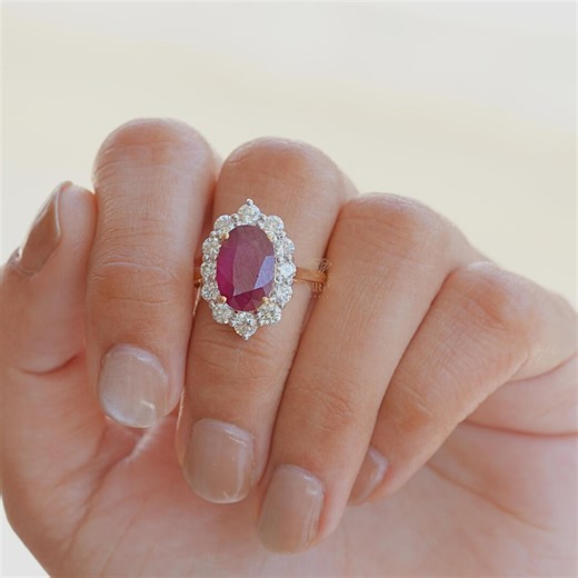 Oval Ruby Engagement Ring, Diamond Halo Gold Ring, Vintage Style Statement Ring, Anniversary Gift for Her - Etsy