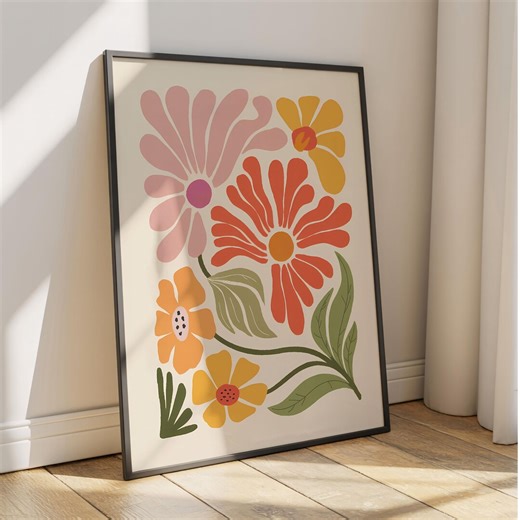 Boho Floral Wall Art Print | Retro Orange Pink Daisies Poster Printable Digital Download - Etsy