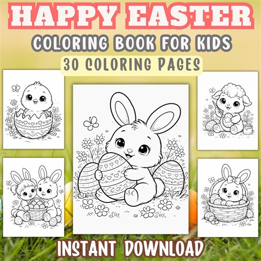 Happy Easter Coloring Pages, 30 Printable Easter Coloring Sheets, Cute Bunny Chick Coloring Pages, Toddler Easter Activity, Instant Download - Etsy