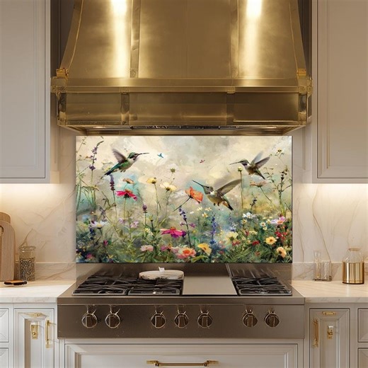 Hummingbird Glass Backsplash, Floral Nature Kitchen Wall Panel, Tempered Glass Art - Etsy Australia