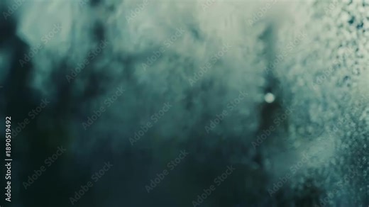 Condensation creating a blurred and abstract pattern of water droplets and streaks on a transparent surface, generating a cool, humid, and somewhat melancholic atmosphere