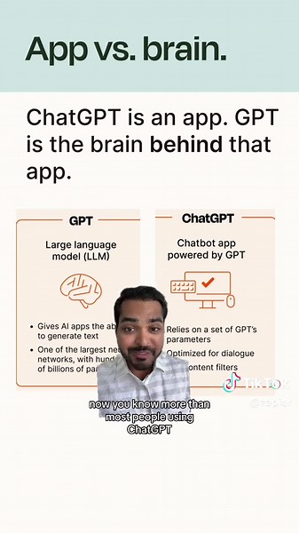 ChatGPT isn't the same as GPT-3.5 or GPT-4. Here's the difference... 🤖 ChatGPT is an app. 🤖 GPT-3.5 (or GPT-4 for ChatGPT pro users) is the *brain* behind the app. You're welcome! #chatgpt #ai #aiupdates #ainews #aitoolsforbusiness #aitips #aitipsandtricks #chatgpt4 #chatgpt3 #zapiertips #greenscreen
