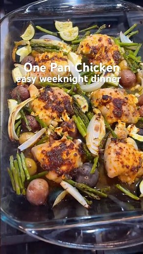 Easy one-pan dinner with crispy chicken thighs, roasted vegetables, and basil chimichurri.