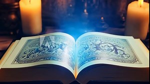 Open spell book with glowing pages. The spell book reveals its glowing pages, inviting viewers to explore the mystical world of magic and incantations.