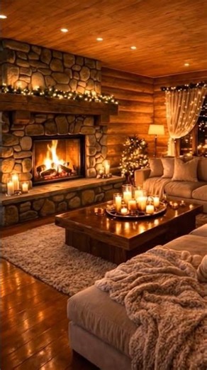 Cozy Stone Fireplace in a Warm Log Cabin with Christmas Lights & Candles 🔥 #Shorts