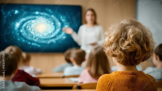 Inspiring Astronomy Lesson: A dedicated teacher leads an engaging lesson on the cosmos, as eager students absorb the mysteries of the universe. The scene is one of exploration, curiosity.