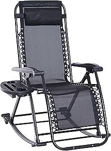 Outsunny Outdoor Rocking Chairs, Foldable Reclining Zero Gravity Lounge Rocker with Pillow, Cup & Phone Holder, Combo Design with Folding Legs, Black