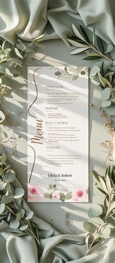 Floral Menu Card 2 Sizes, Wedding Menu Card, Napkin Note 4 X 9 in & 5 X 7 Inch Card Set, Edit With Canva - Etsy