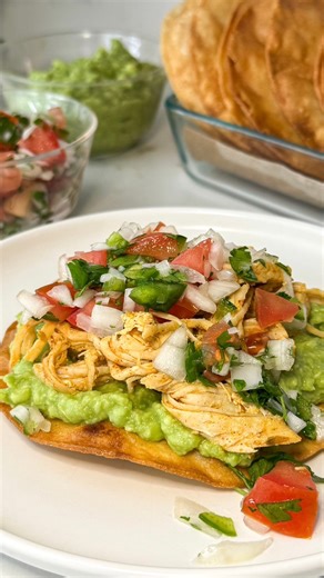 Try this delicious, fresh take on the classic tostada! Chicken Avocado Tostadas Ingredients: Pico de Gallo- 2 medium tomatoes, diced 1/2 medium onion, diced 1/2 cup cilantro, chopped 1 jalapeno pepper, minced 2 tbsp lime juice Salt & pepper to taste Tostadas - Corn tortillas (shallow fried until crispy golden brown) 2 avocados, mashed with salt and lime juice to taste 1 lb shredded chicken breast, cooked and seasoned with fiesta spice mix (on my blog) Pico de Gallo, from above Instructions: Pico
