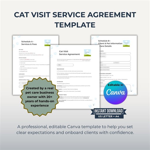 Cat Visit Service Agreement Template for Pet Sitters - Etsy