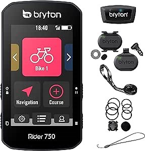 Bryton Rider 750T GPS Bike/Cycling Computer. USA Version. Color Touchscreen, Maps & Navigation, Smart Trainer Workout, Radar Support, 20h Battery. Incl. Device, Sport Mount & SPD/CAD/HR Sensors