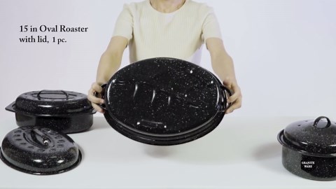 Granite Ware Roasting Set Covered 13 in and 15 in Oval roaster and 3 lb round roaster. Enameled Steel - Speckled black
