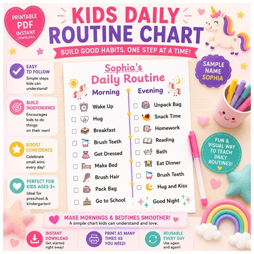 Kids Daily Routine Chart Printable PDF | Morning / Bedtime Routine Checklist | Visual Schedule for Preschool & Kindergarten | Unicorn Chart - Etsy