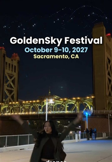 sacramento! @GoldenSky Festival got us 200 drones over the iconic tower bridge 🙂‍↕️ now that’s how you do a line up sneak peek ful lineup drops thursday, oct 15 passes go on sale friday, october 16 sms presale: 10am pt email presale: 11am pt public on sale: at 12pm pt