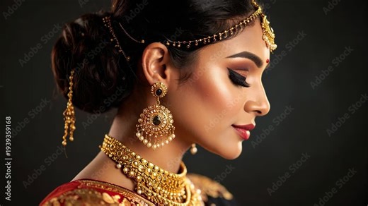 Close up profile of a South Asian bride wearing traditional gold jewelry and elegant makeup against a dark background