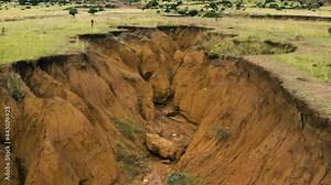 Aerial view of land destroyed by soil erosion from bad agriculture practices. climate change and global warming