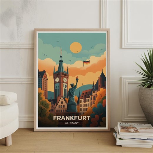 Frankfurt Cityscape Travel Poster, Germany Skyline Art, Europe Wall Decor - Etsy