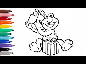 Coloring Elmo Holding a Gift Sesame Street | Sesame Street Coloring Page | Coloring Funs