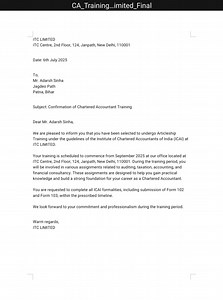 Write a confirmation letter for Chartered Accountant Training a... | Filo