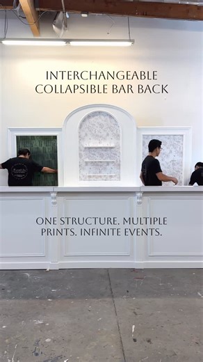 Event Planning | Production | Design | Fabrication on Instagram: "Custom fabricated interchangeable bar back and extendable collapsible bar ✨ With a quick swap, these statement piece transforms from a luxe jade tile print to an elegant toile floral design. Perfect for weddings, anniversaries, private parties, or brand activations, it adapts seamlessly to your event theme while keeping the same sleek structure. The bar can collapses into 7’ for smaller events or extend out to 15’. Pretty awesome
