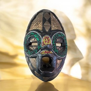 African mask w beads brass tin metal inlay wood carved