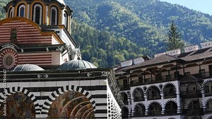 Beautiful building of male friary Rila Monastery of Bulgarian church