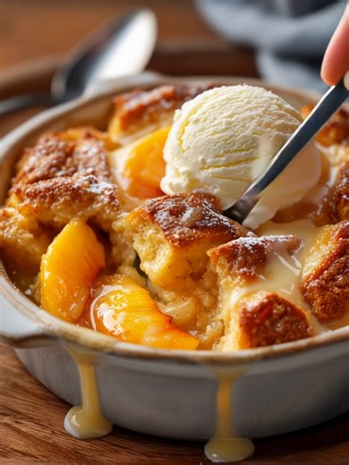 22K views · 183 reactions | Pudding de pain aux pêches Un pudding de pain chaud et fondant, débordant de pêches juteuses et arrosé d’un glaçage sucré à la vanille — le summum du réconfort maison. Portions : 8 Température : 175 °C (350 °F) Temps : 55 minutes Ingrédients principaux : 5 tasses de pain rassis coupé en cubes (brioche ou pain français) .......................  Recette complète en premier | Secrets de Cuisine | Facebook