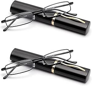 Viseng Slim Mini Metal Reading Glasses Compact Lightweight Portable Readers with Glasses Case for Reading Case,Black+Black+1.5