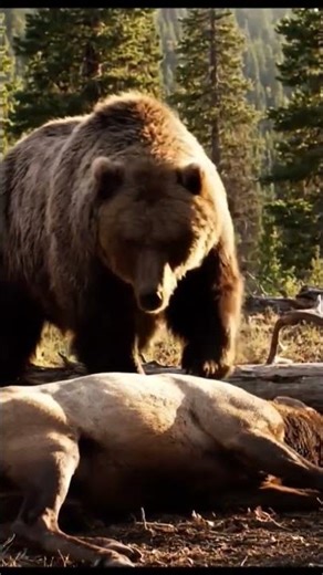 Grizzly killing a bull elk to bury for later