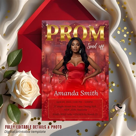 Digital Prom Send off Invitation Red Gold Prom Party With Photo Invite Editable Woman Prom Night Celebration Hollywood Theme Template, PRM01 - Etsy