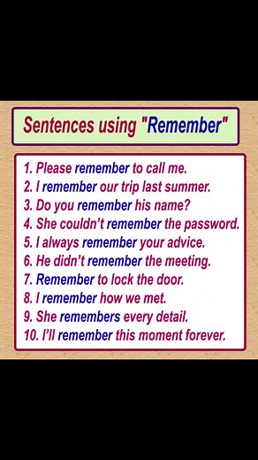 3.1K views · 48 reactions | "Remember" meaning with example sentences Learn English sentences Learn English Vocabulary #learnukenglish #learnusenglish #dailyenglish #advancedenglish #dailyenglishlesson #learnenglish #englishtipsonline #learnenglishonline #English | English Learning | Facebook