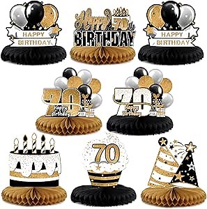 LINGTEER Happy 70th Birthday Black & Gold Paper Table Topper Centerpieces Set - 8 Pcs Cake Star Balloon Seventy Years Old Birthday 70th Bday Party Gift Decorations Sign.
