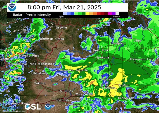 More rain and mountain snow, along with some t-storm chances. Here is one model's depiction of the radar evolution over the next 24 hours or so. Detailed forecast as: www.weather.gov/spokane #wawx #idwx | US National Weather Service Spokane Washington