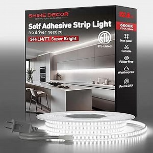 Shine Decor LED Strip Light Super Bright 8000LM, Plug&Play 120V Driverless Easy Wiring, Flicker Free Weatherproof for Outdoor Indoor, Min. 3.9” Cuttable Stickable, 6000K Cool White 32FT ETL Listed