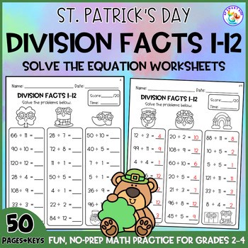 St. Patrick’s Day Division Facts 1–12 | Math Drills Worksheets for Fact Fluency