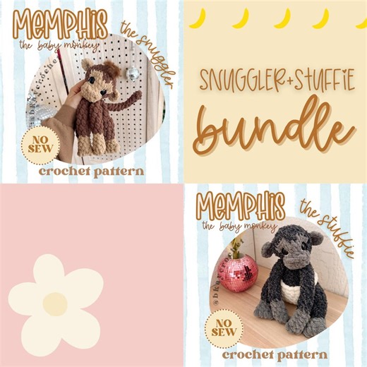 BUNDLE Memphis the Monkey SNUGGLER   STUFFIE Crochet Patterns | No Sew Crochet Amigurumi Pattern - Etsy