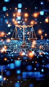 Digital background with scales of justice and circuit patterns, symbolizing legal research automation and technology in law, digital justice, legal tech