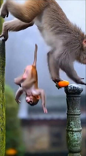 A Japanese macaque balancing precariously on the slippery, moss-covered stone railing of an ancient