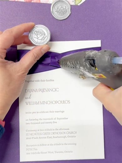 Stephita Wedding Invitations. Adding ribbon and a silver wax seal to complete this beautiful letterpress wedding invitation. . . . #wedding #weddingday #weddingtiktok #weddingvibes #weddingplanning