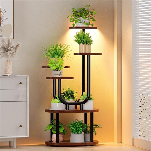 Plant Stand Indoor with Grow Lights, 41.5" Tall Multiple Plant Shelf, 6 Tier Lighted Plant Stand, Double U-Shaped Corner Plants Stand Rack, Flowers Holder for Home Patio