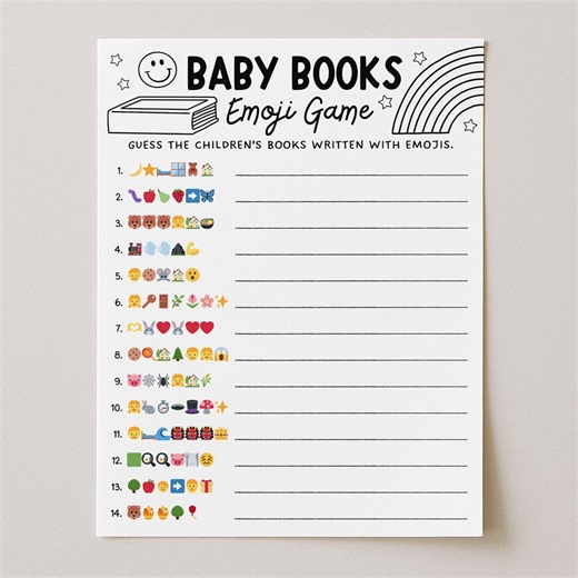 Children's Book Emoji Game Baby Shower Printable, Baby Book Titles Trivia Quiz, Digital Download - Etsy