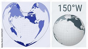 World Map Animation. Bonne pseudoconical equal-area projection. Colored continents style. Animated world map in Bonne projection. Loopable animation showing longitude shift and matching globe.