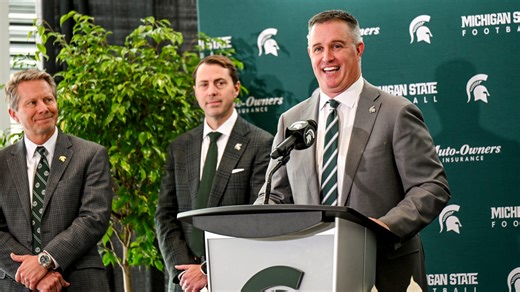 Michigan State football coach Pat Fitzgerald addresses Breslin Center